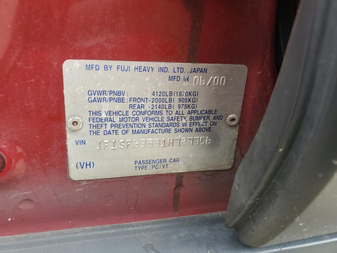 2001 Subaru Forester L VIN: JF1SF63531H727756 Lot: 69594125