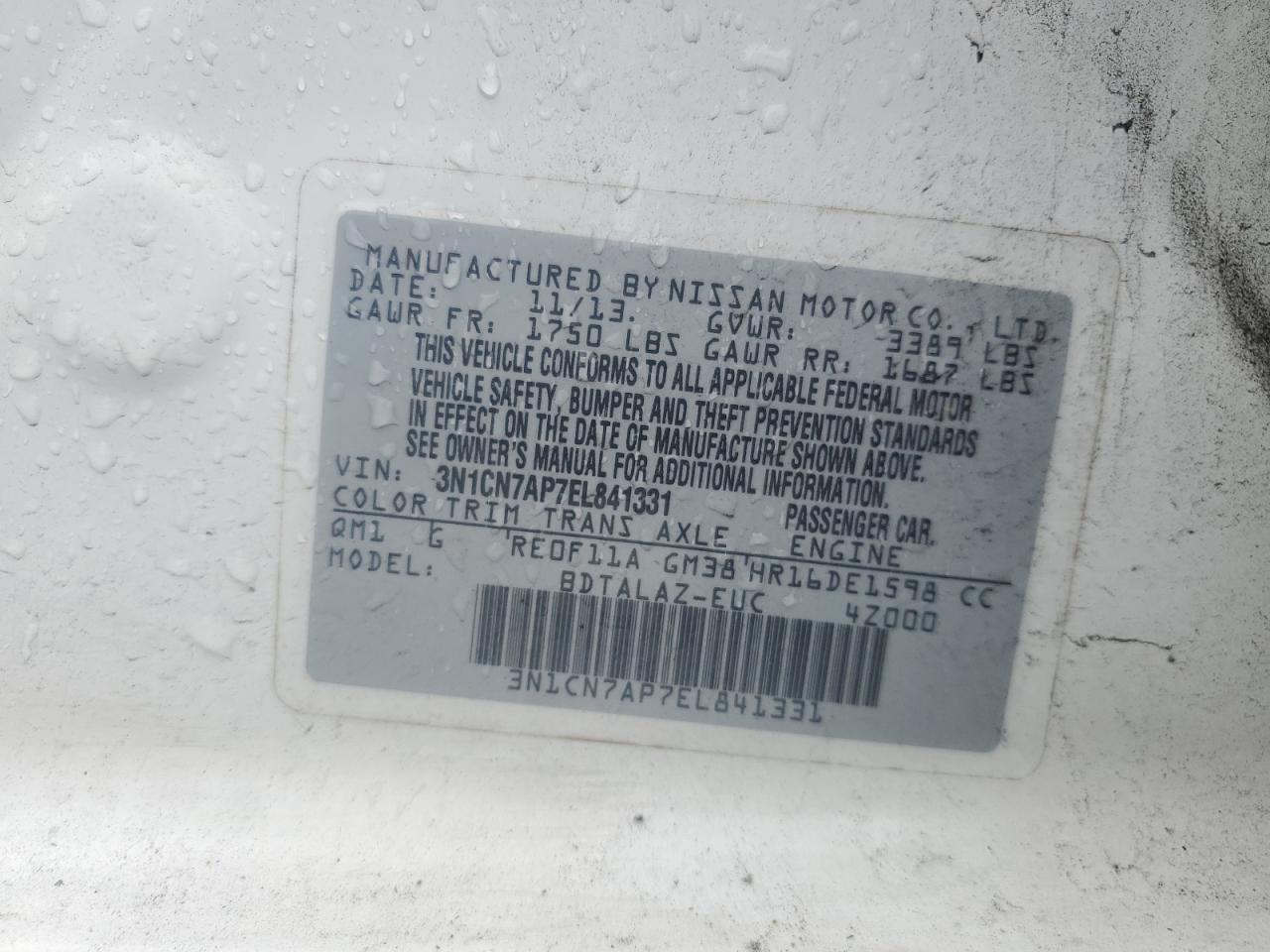 2014 Nissan Versa S VIN: 3N1CN7AP7EL841331 Lot: 67787855