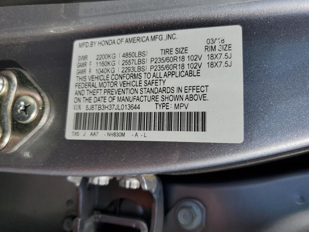 2018 Acura Rdx VIN: 5J8TB3H37JL013644 Lot: 70038985