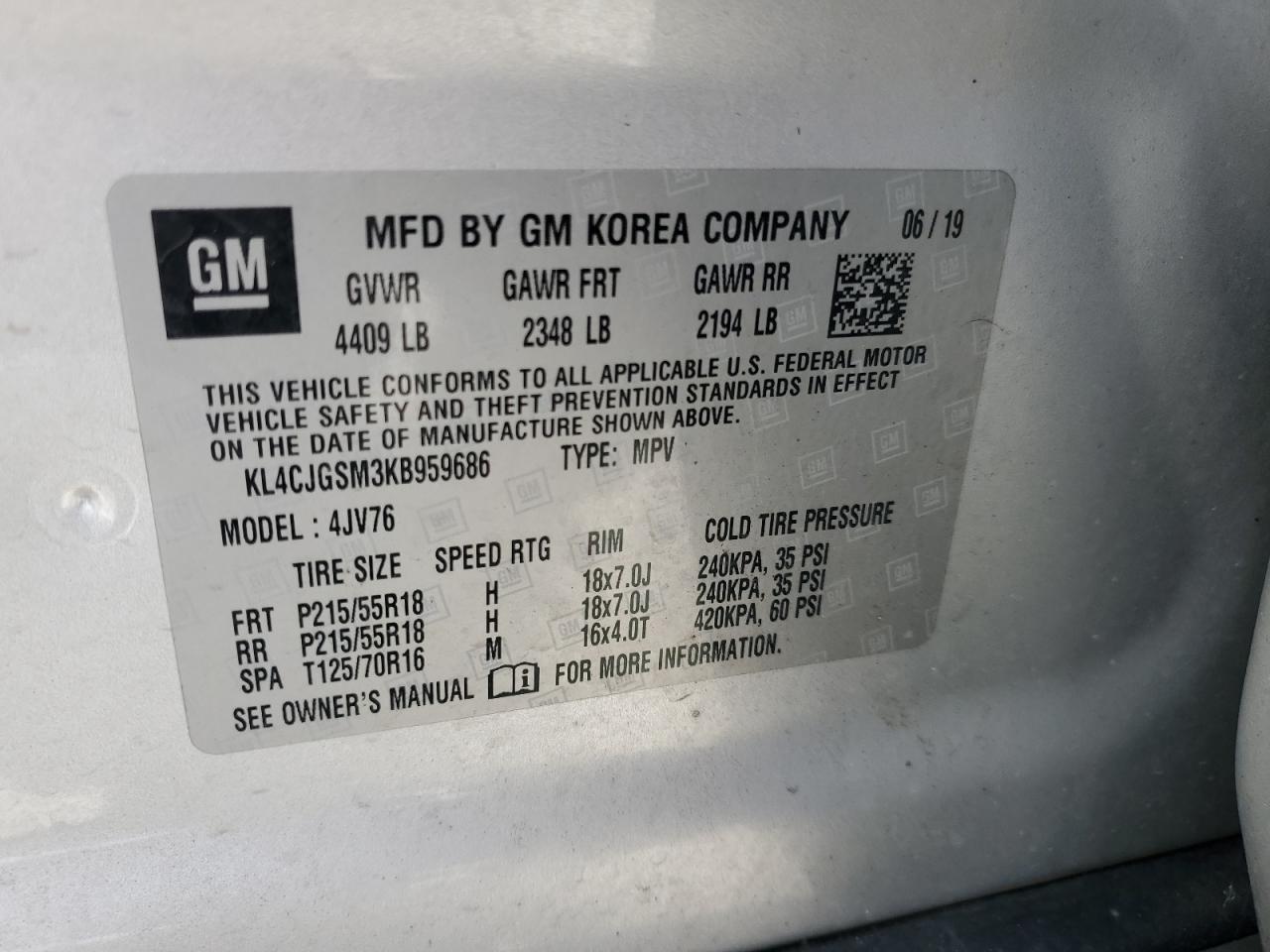 2019 Buick Encore Essence VIN: KL4CJGSM3KB959686 Lot: 69791915