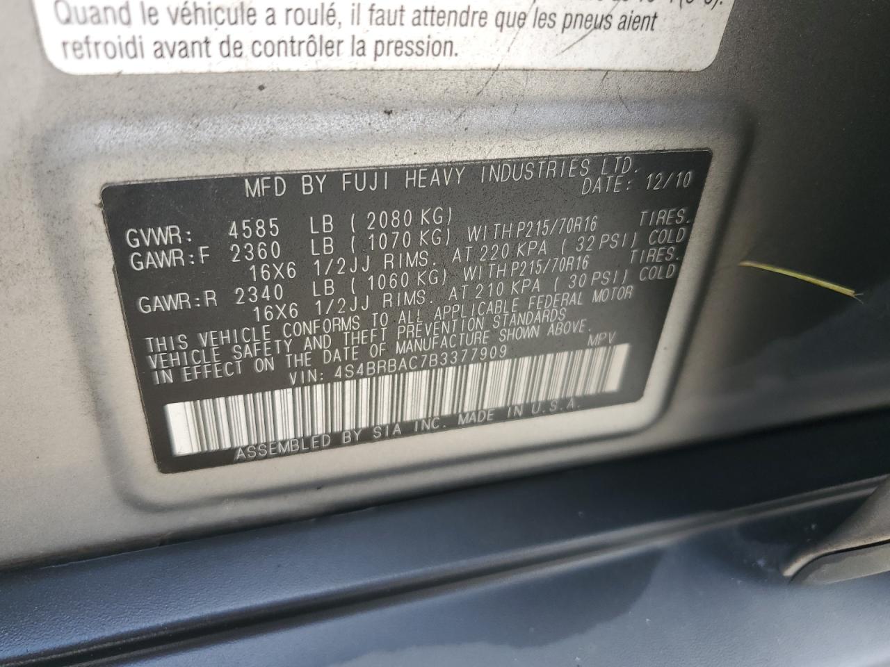 4S4BRBAC7B3377909 2011 Subaru Outback 2.5I