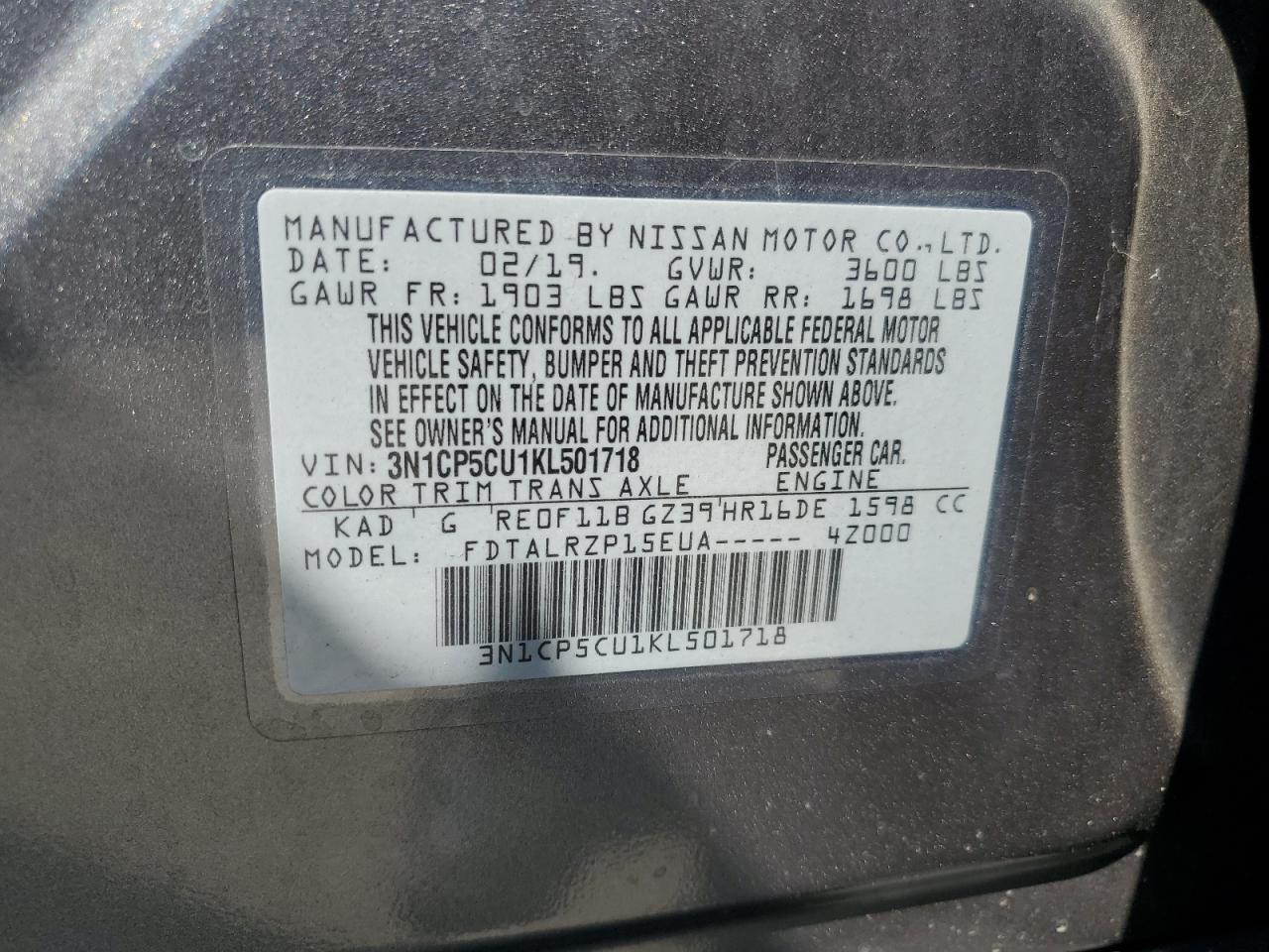 2019 Nissan Kicks S VIN: 3N1CP5CU1KL501718 Lot: 67833825