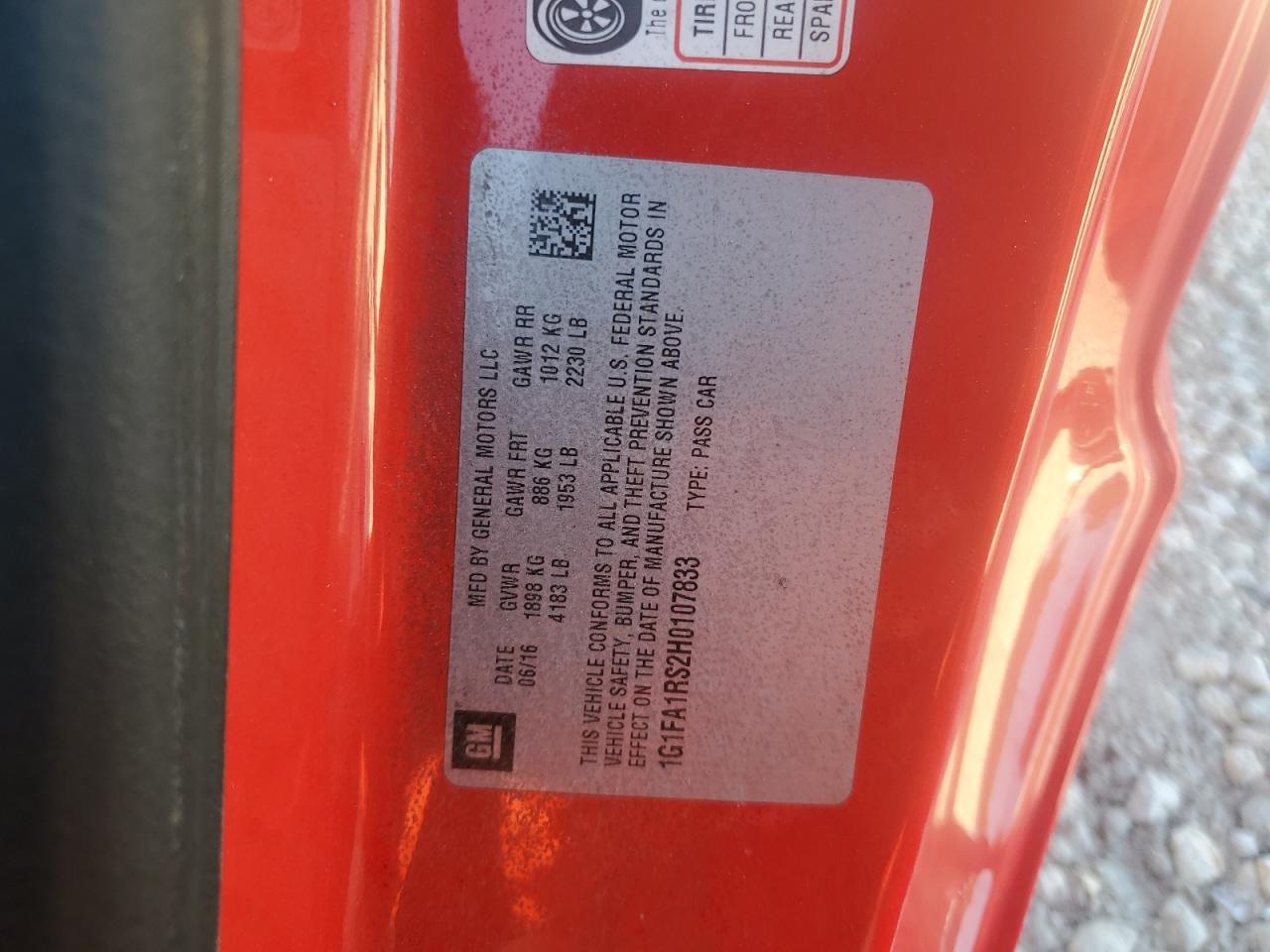 2017 Chevrolet Camaro Ls VIN: 1G1FA1RS2H0107833 Lot: 91634795