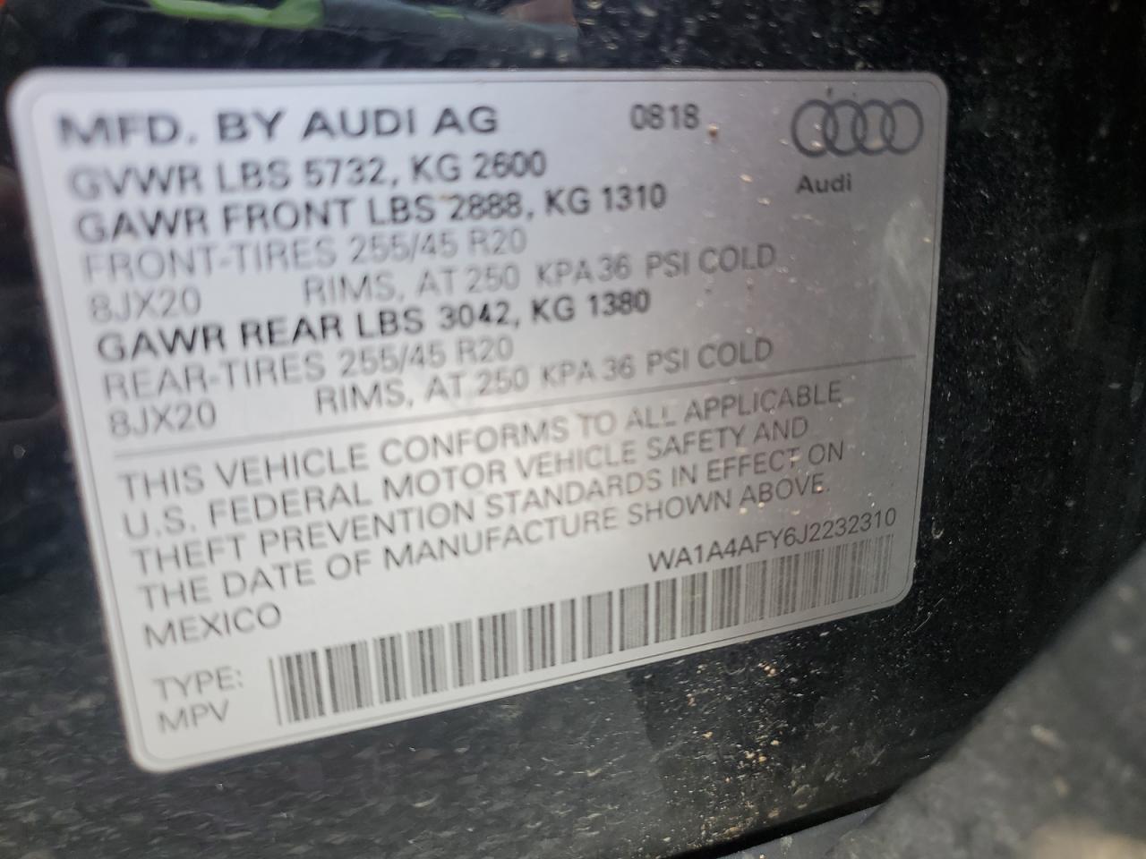 2018 Audi Sq5 Premium Plus VIN: WA1A4AFY6J2232310 Lot: 68310245