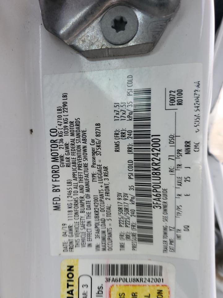 2019 Ford Fusion Se VIN: 3FA6P0LU8KR242001 Lot: 70645875