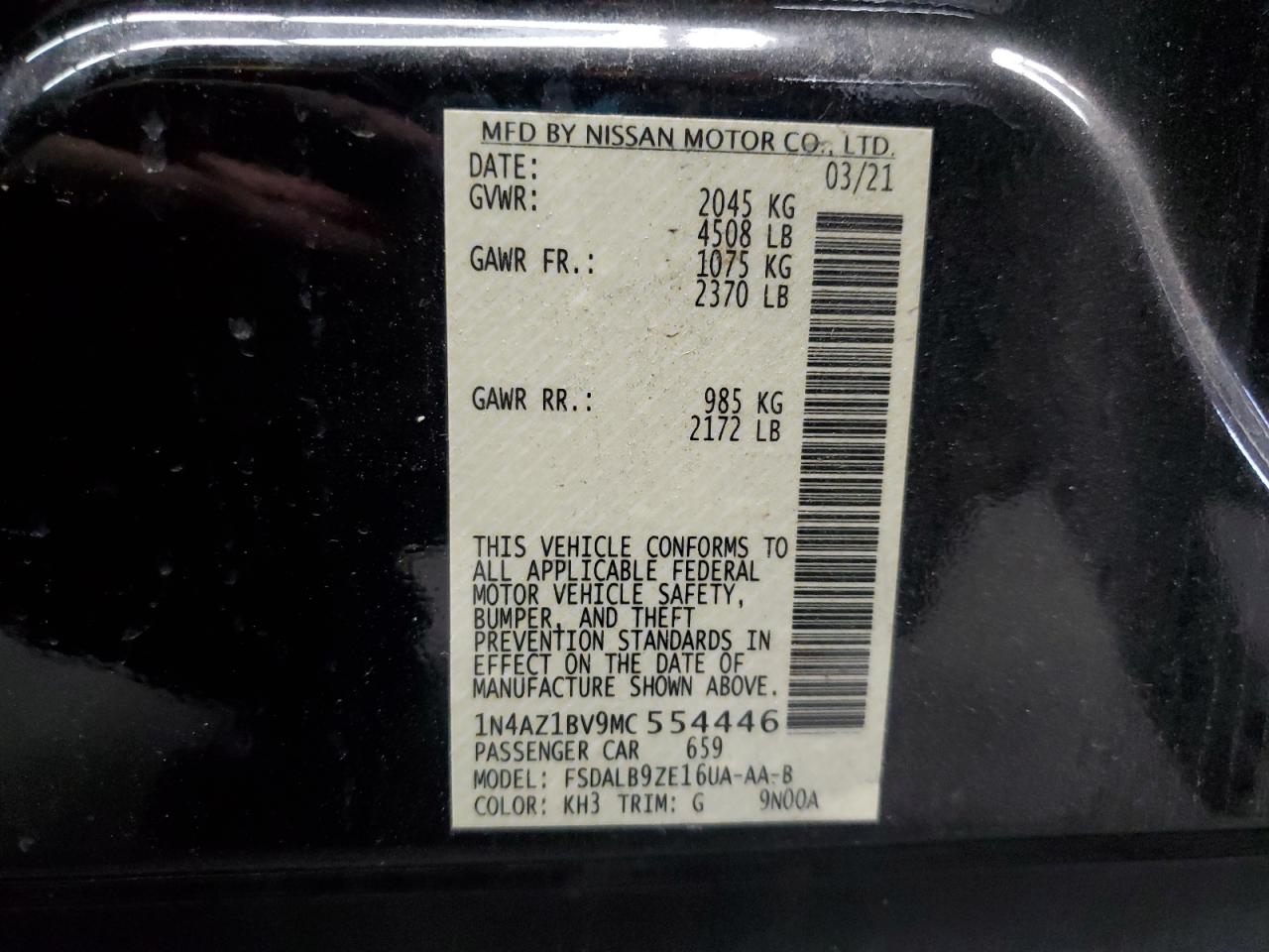 2021 Nissan Leaf S VIN: 1N4AZ1BV9MC554446 Lot: 67580575