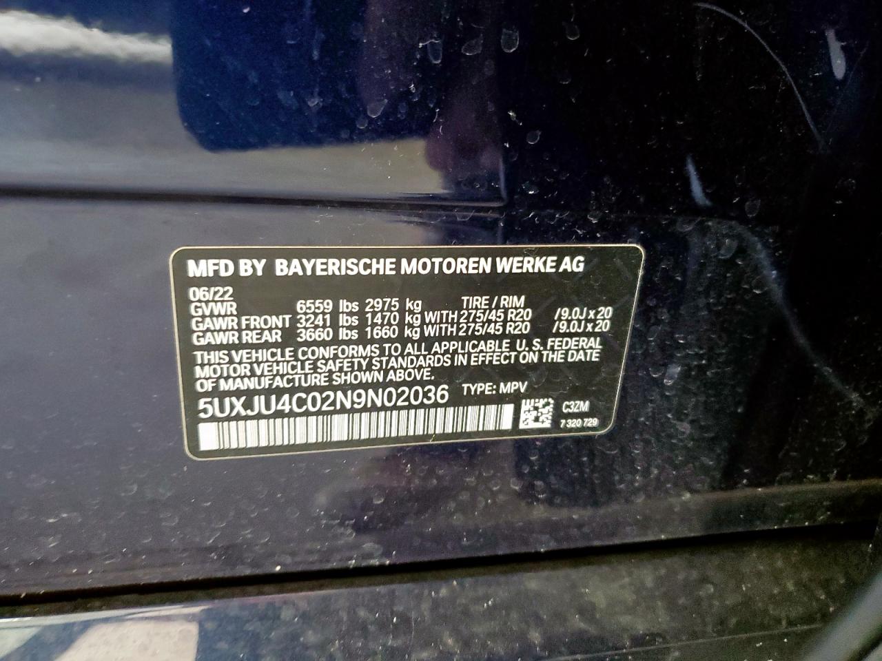 2022 BMW X5 M50I VIN: 5UXJU4C02N9N02036 Lot: 68542435