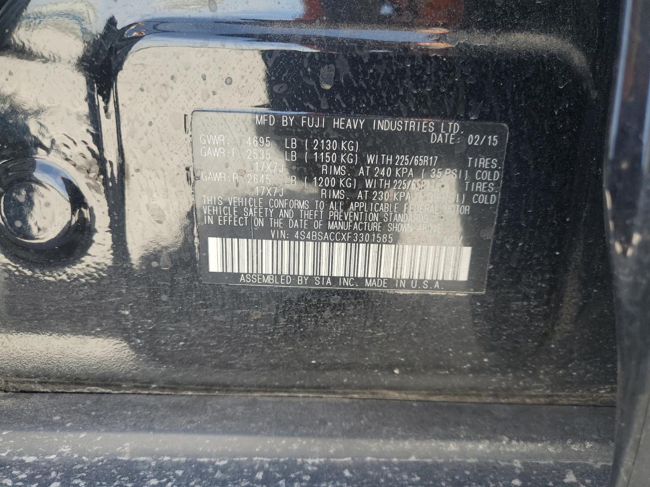 2015 Subaru Outback 2.5I Premium VIN: 4S4BSACCXF3301585 Lot: 68034695