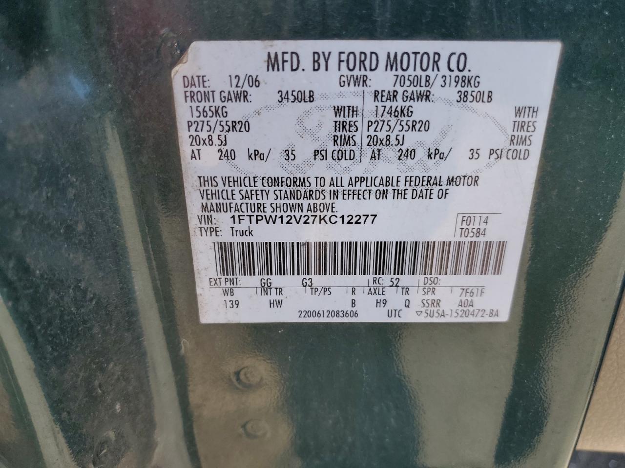 2007 Ford F150 Supercrew VIN: 1FTPW12V27KC12277 Lot: 67849885