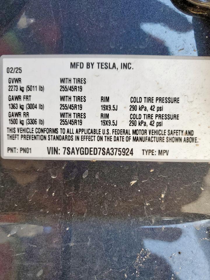 2025 Tesla Model Y VIN: 7SAYGDED7SA375924 Lot: 69317655