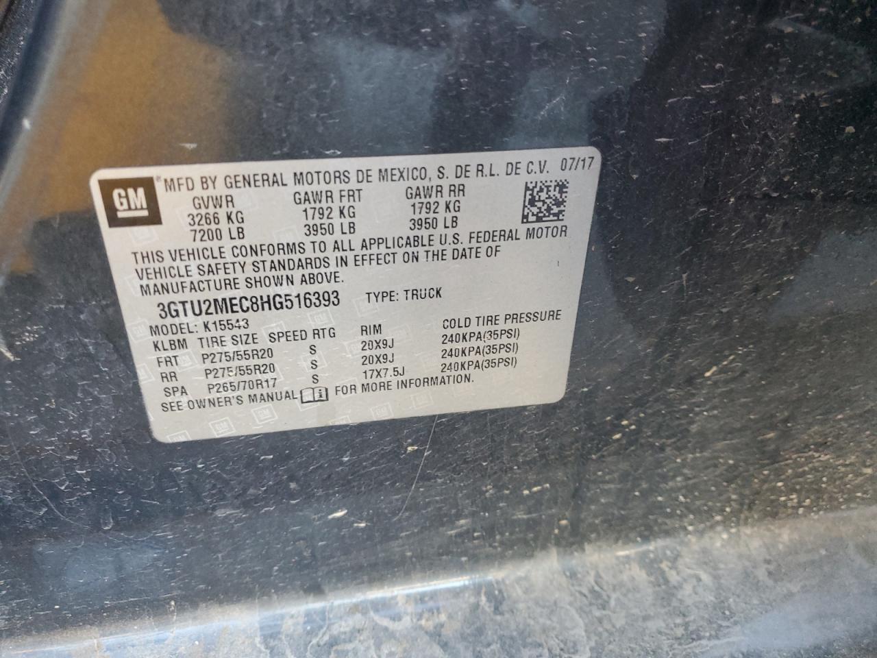 2017 GMC Sierra K1500 Sle VIN: 3GTU2MEC8HG516393 Lot: 70452995