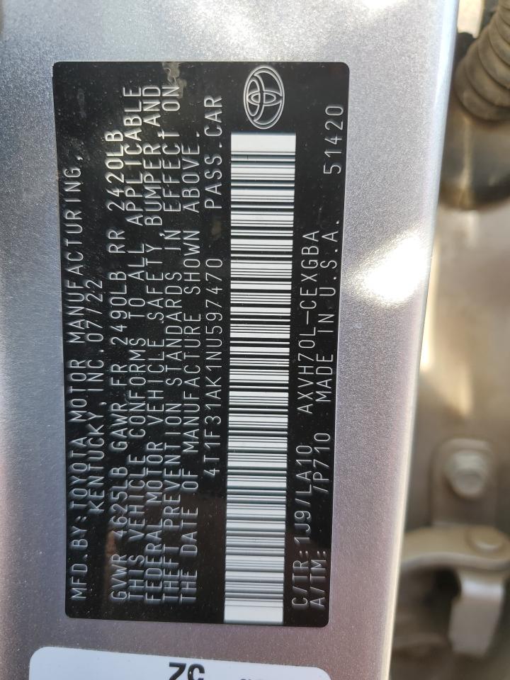 2022 Toyota Camry Xle VIN: 4T1F31AK1NU597470 Lot: 70728885