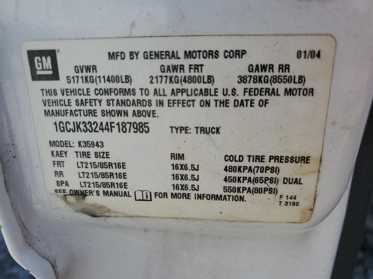 2004 Chevrolet Silverado K3500 VIN: 1GCJK33244F187985 Lot: 69836205