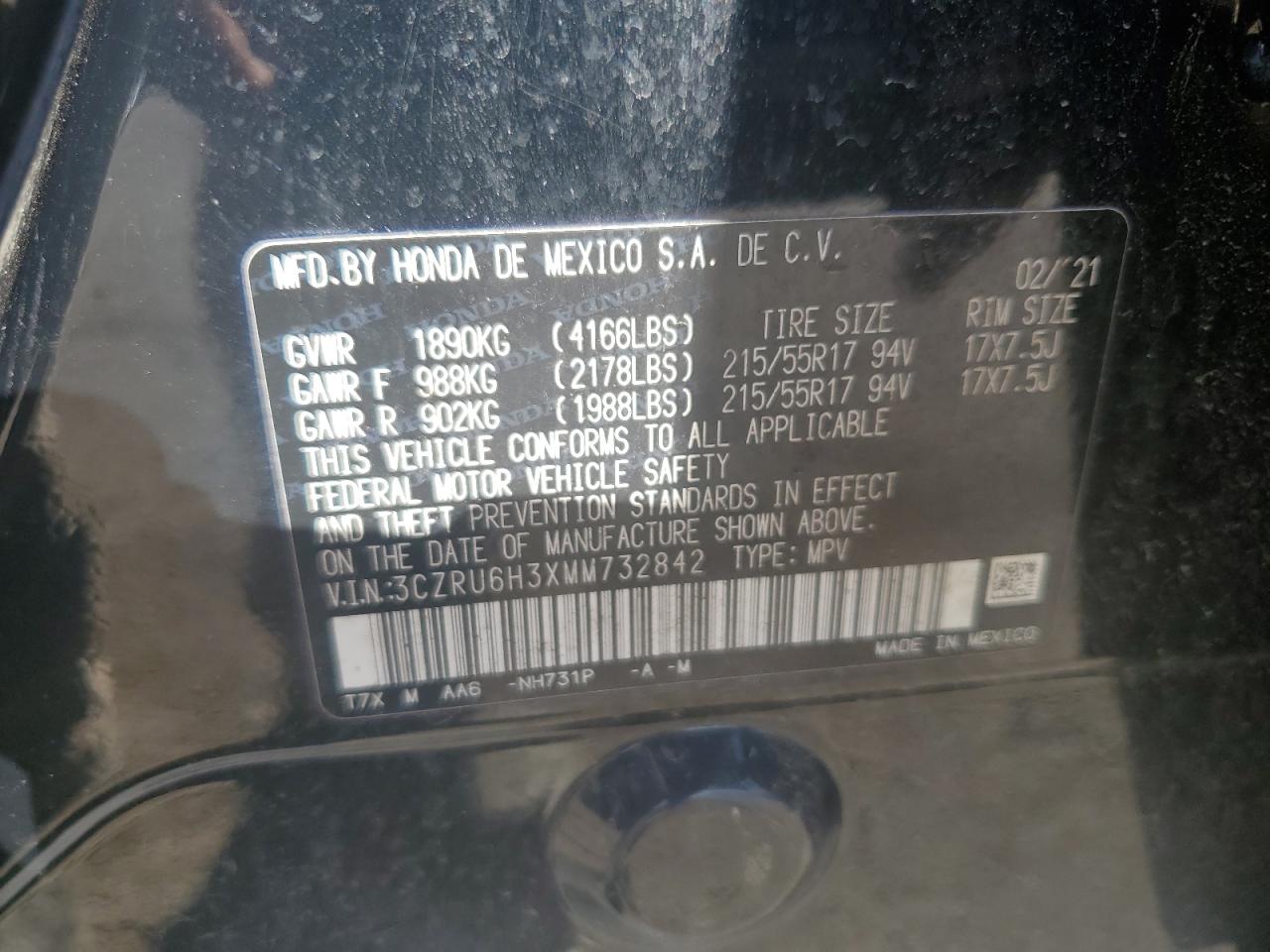 2021 Honda Hr-V Lx VIN: 3CZRU6H3XMM732842 Lot: 70220805
