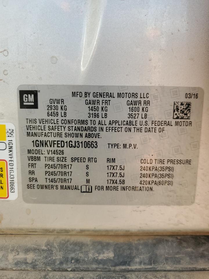 2016 Chevrolet Traverse Ls VIN: 1GNKVFED1GJ310663 Lot: 68890295