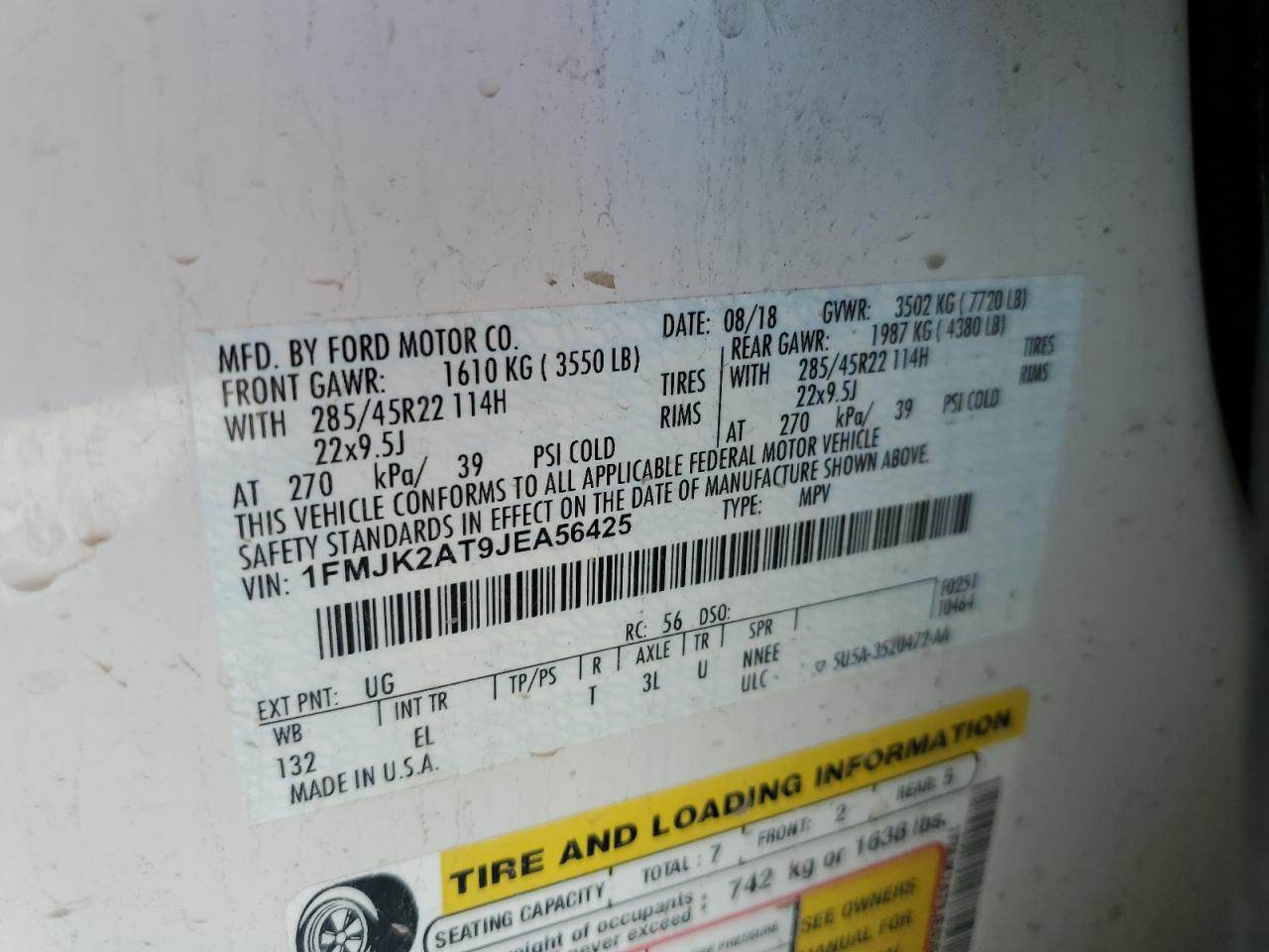 2018 Ford Expedition Max Limited VIN: 1FMJK2AT9JEA56425 Lot: 69275315