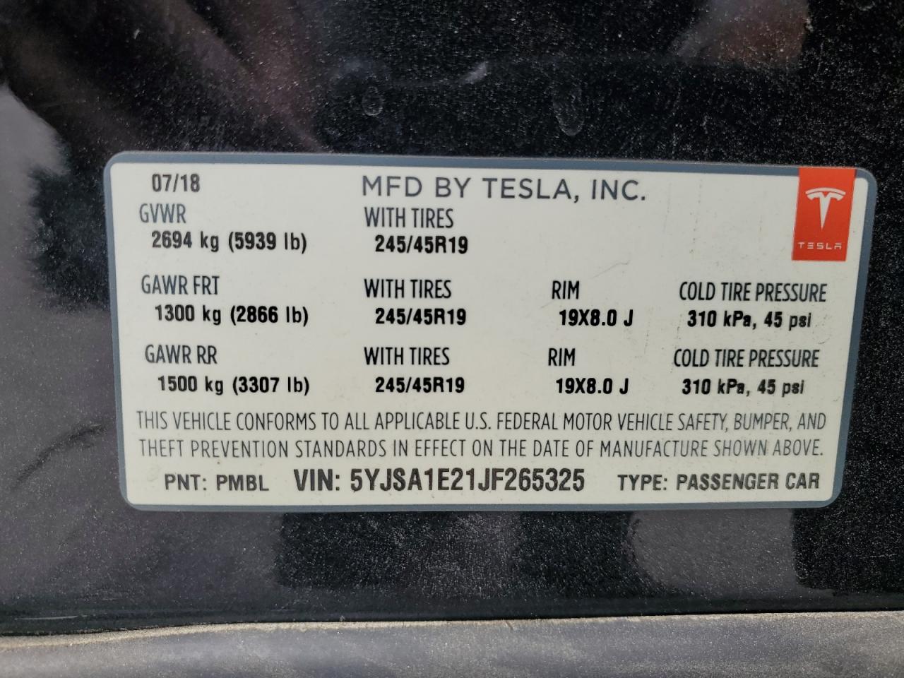 2018 Tesla Model S VIN: 5YJSA1E21JF265325 Lot: 70532185