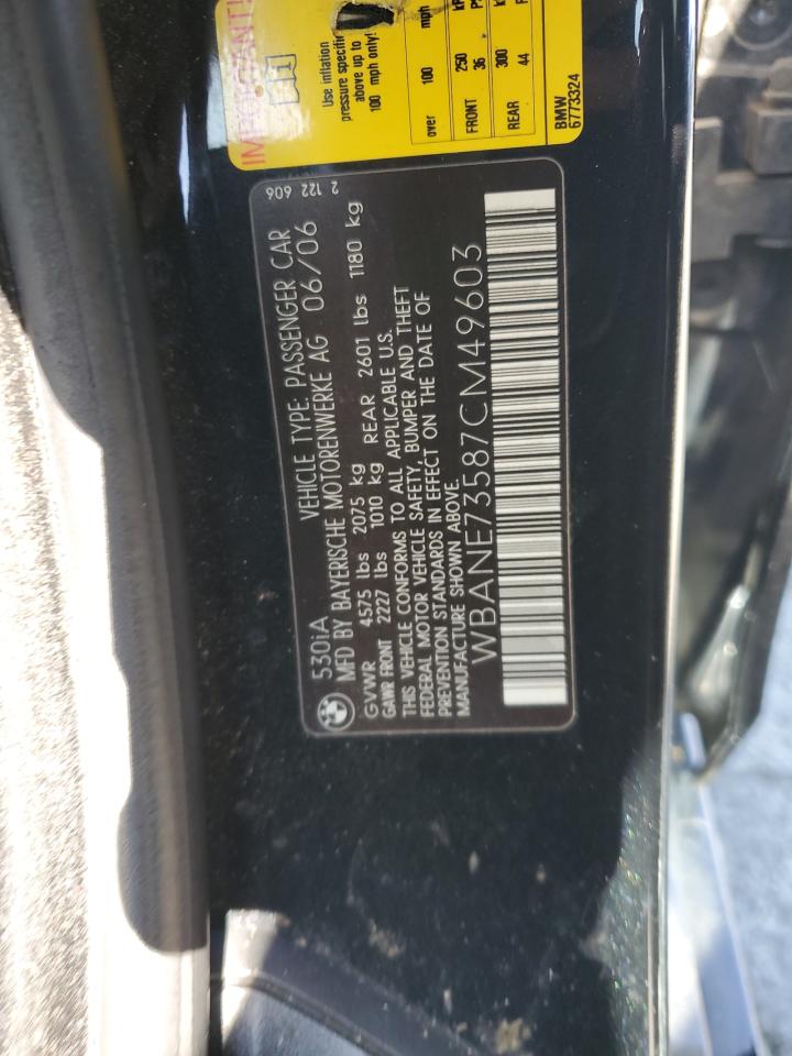 2007 BMW 530 I VIN: WBANE73587CM49603 Lot: 68975045