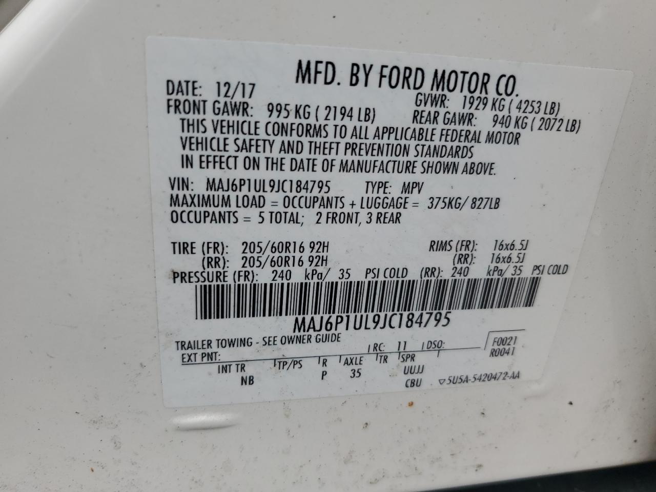 2018 Ford Ecosport Se VIN: MAJ6P1UL9JC184795 Lot: 68835215