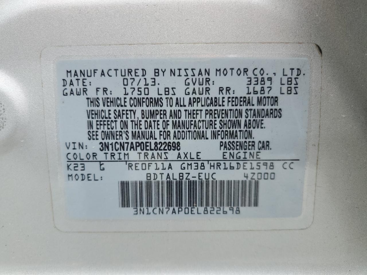 2014 Nissan Versa S VIN: 3N1CN7AP0EL822698 Lot: 69772575