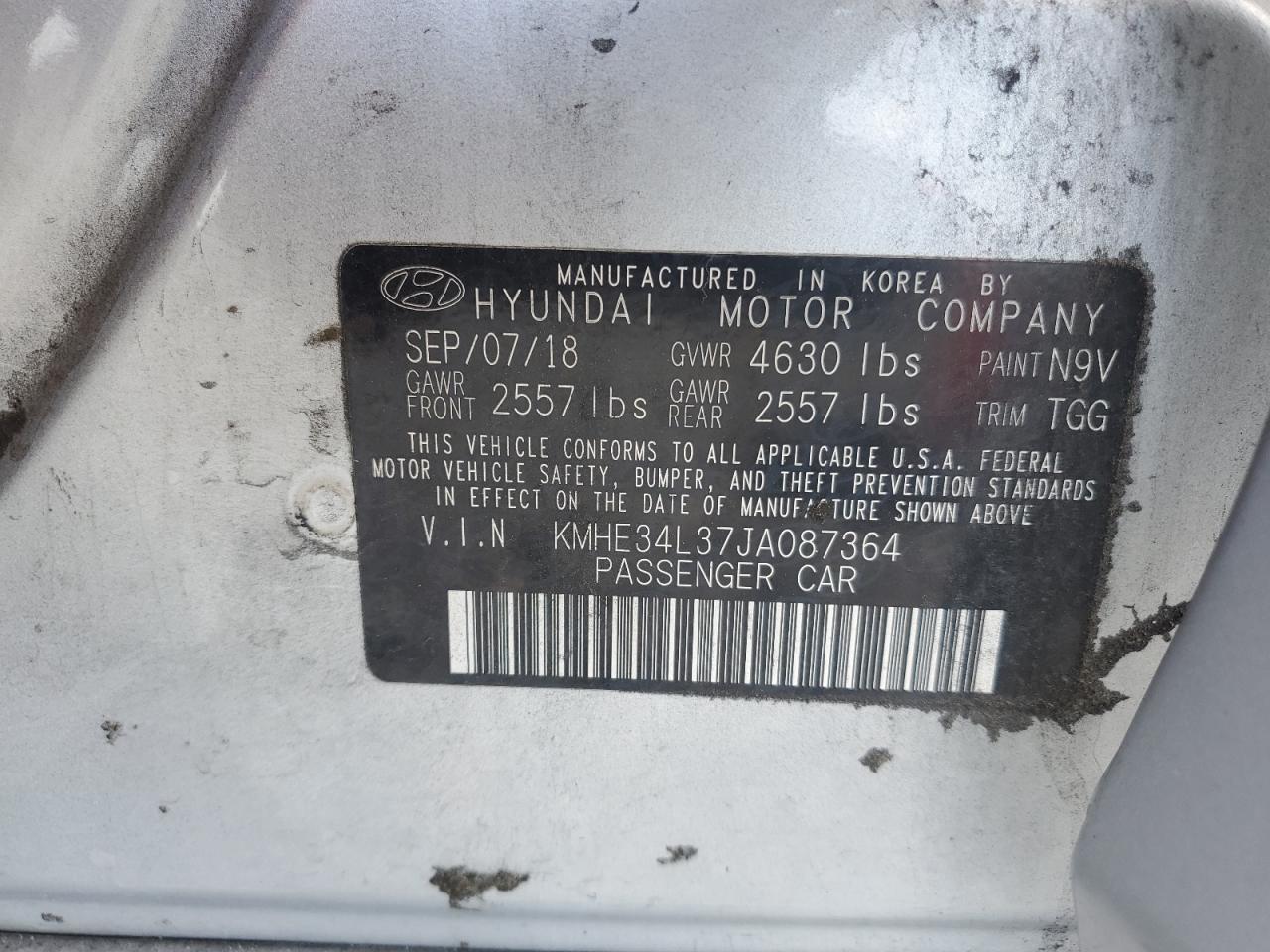 2018 Hyundai Sonata Hybrid VIN: KMHE34L37JA087364 Lot: 70725565