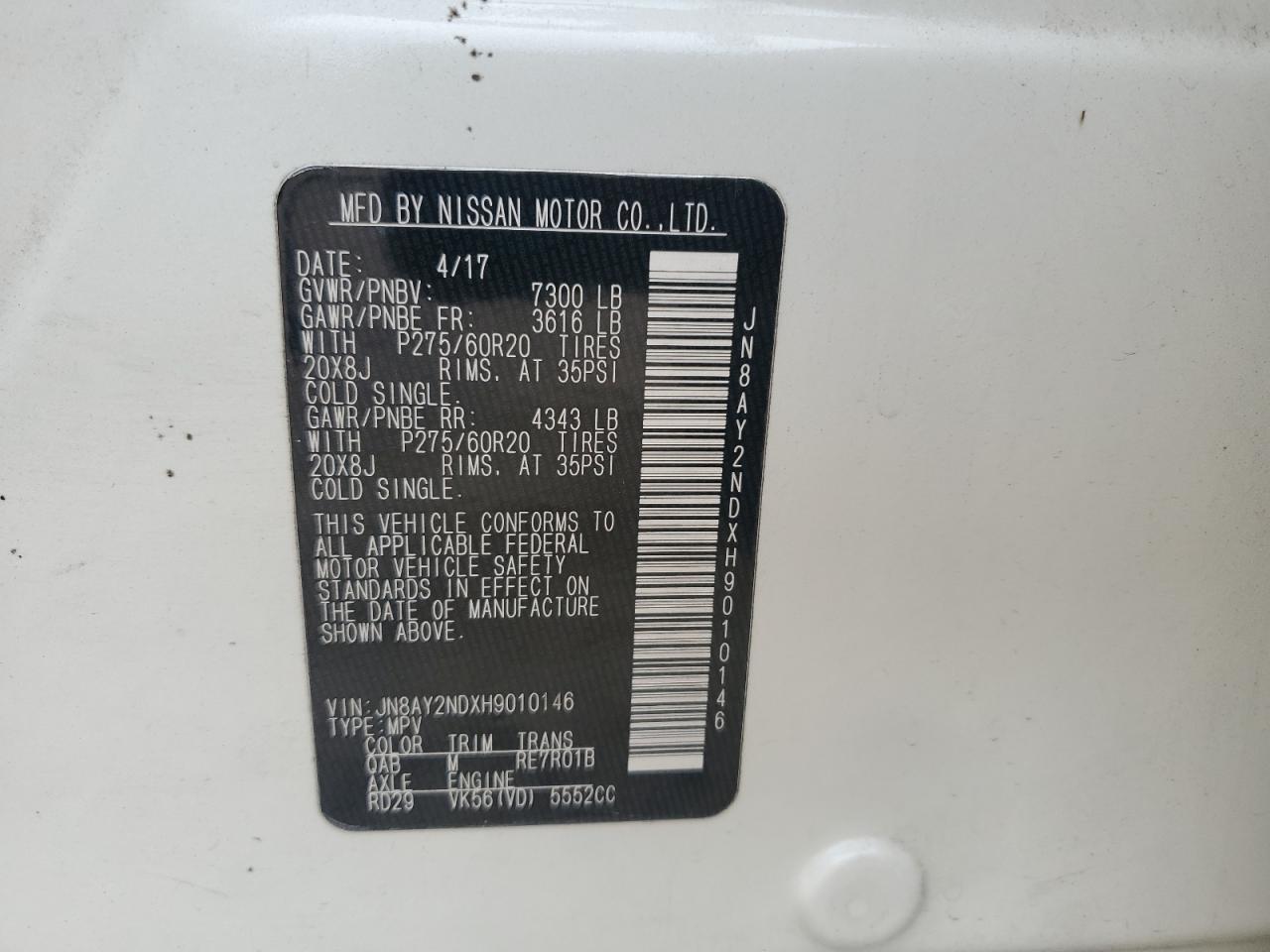 2017 Nissan Armada Sv VIN: JN8AY2NDXH9010146 Lot: 67944805