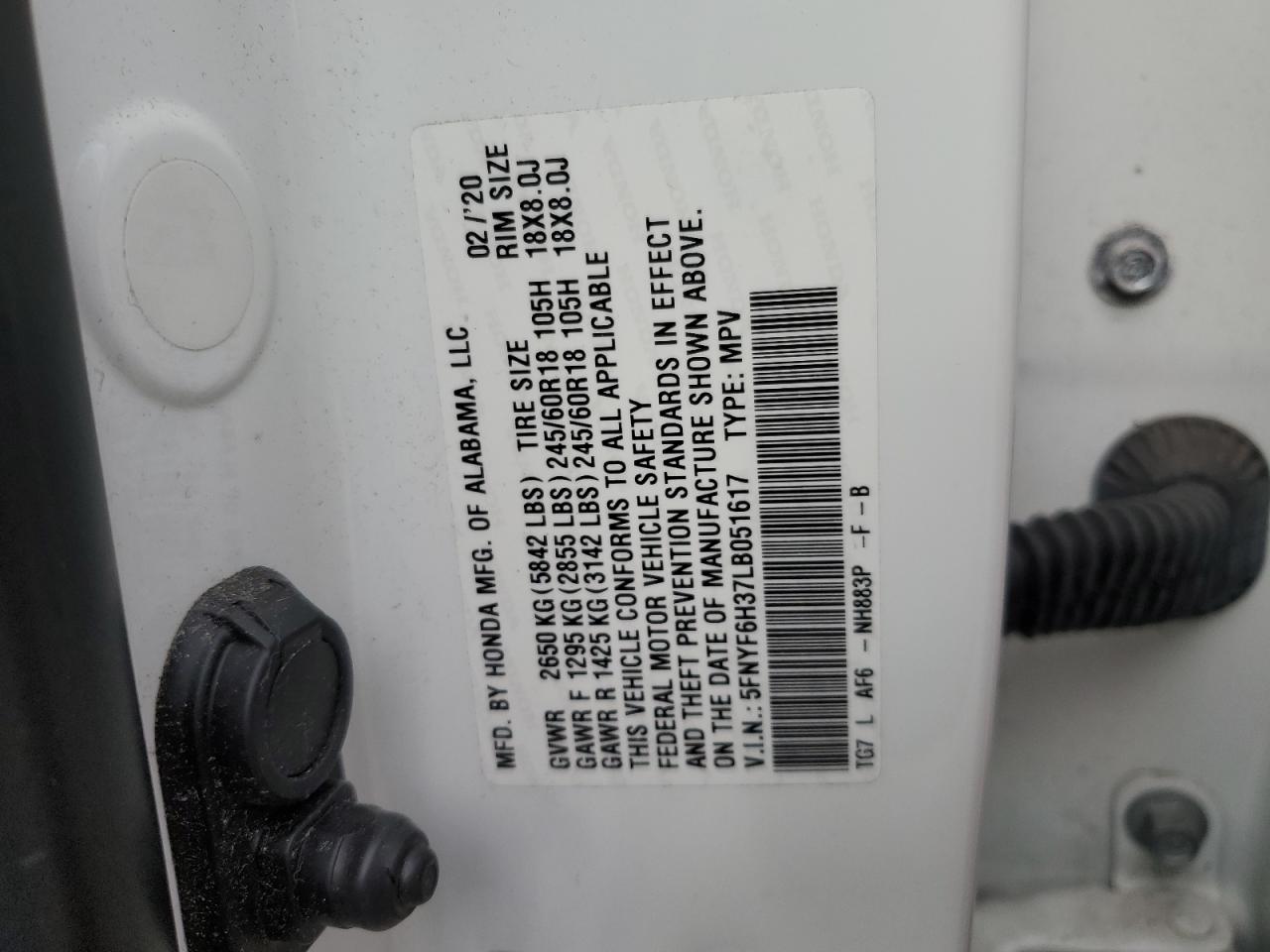 2020 Honda Pilot Ex VIN: 5FNYF6H37LB051617 Lot: 70191565