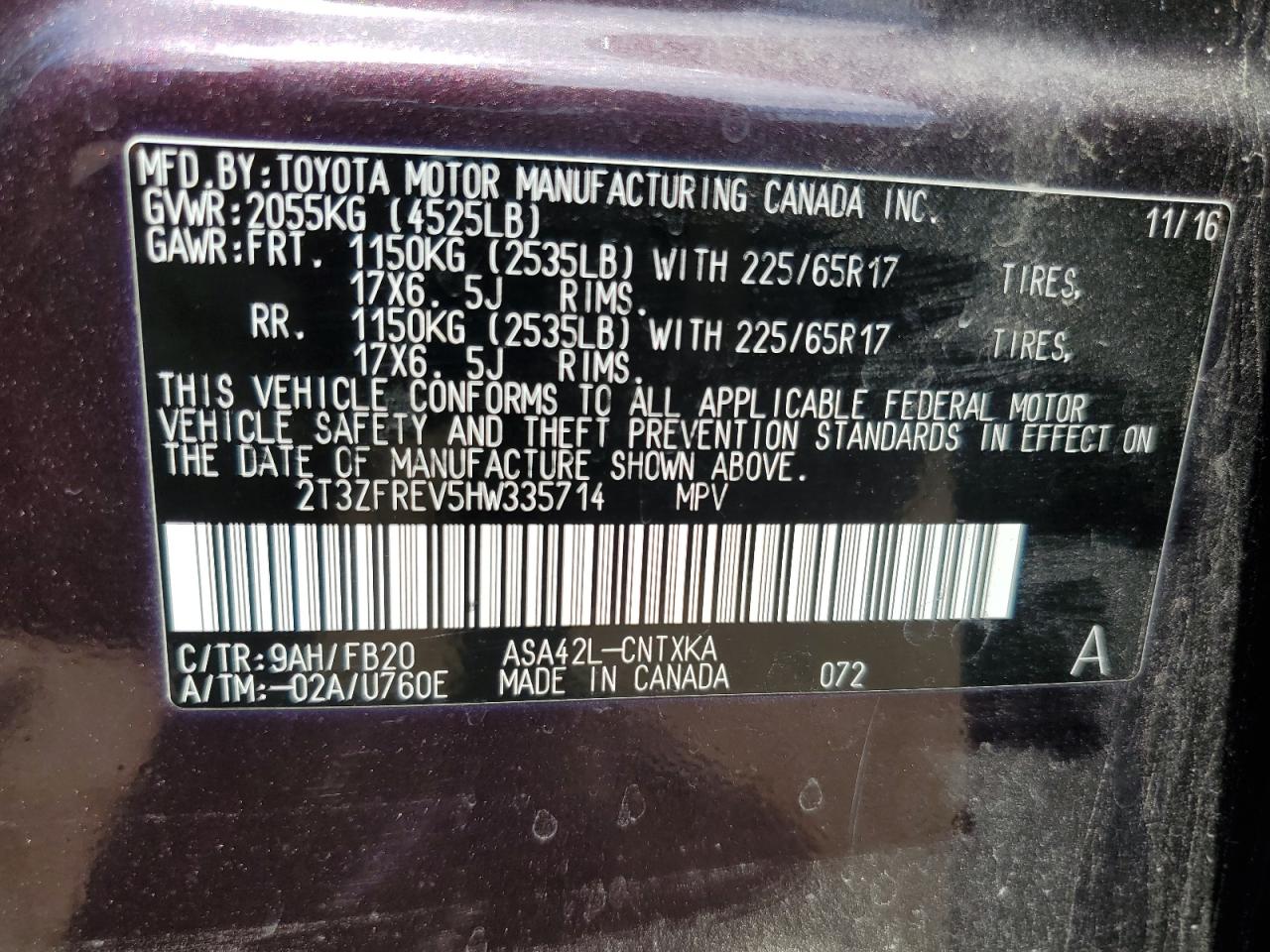 2017 Toyota Rav4 Le VIN: 2T3ZFREV5HW335714 Lot: 70015185