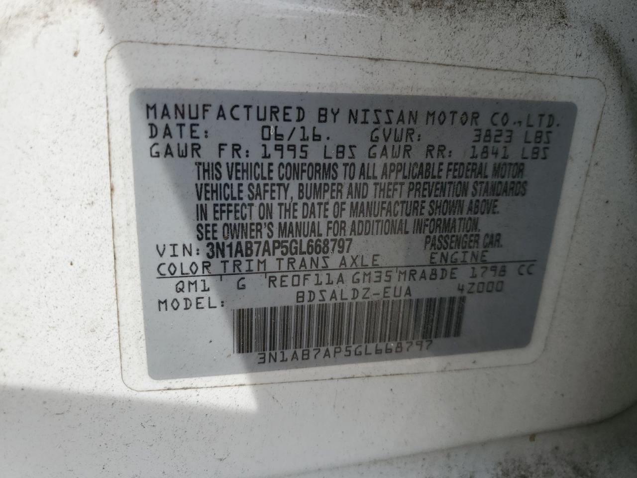 2016 Nissan Sentra S VIN: 3N1AB7AP5GL668797 Lot: 70521235