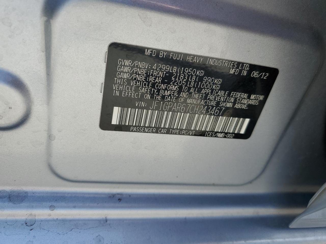 2012 Subaru Impreza Sport Limited VIN: JF1GPAR67CH243467 Lot: 68336305