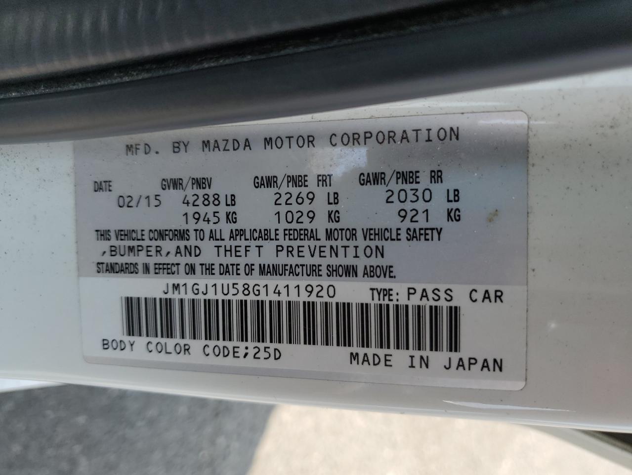 JM1GJ1U58G1411920 2016 Mazda 6 Sport