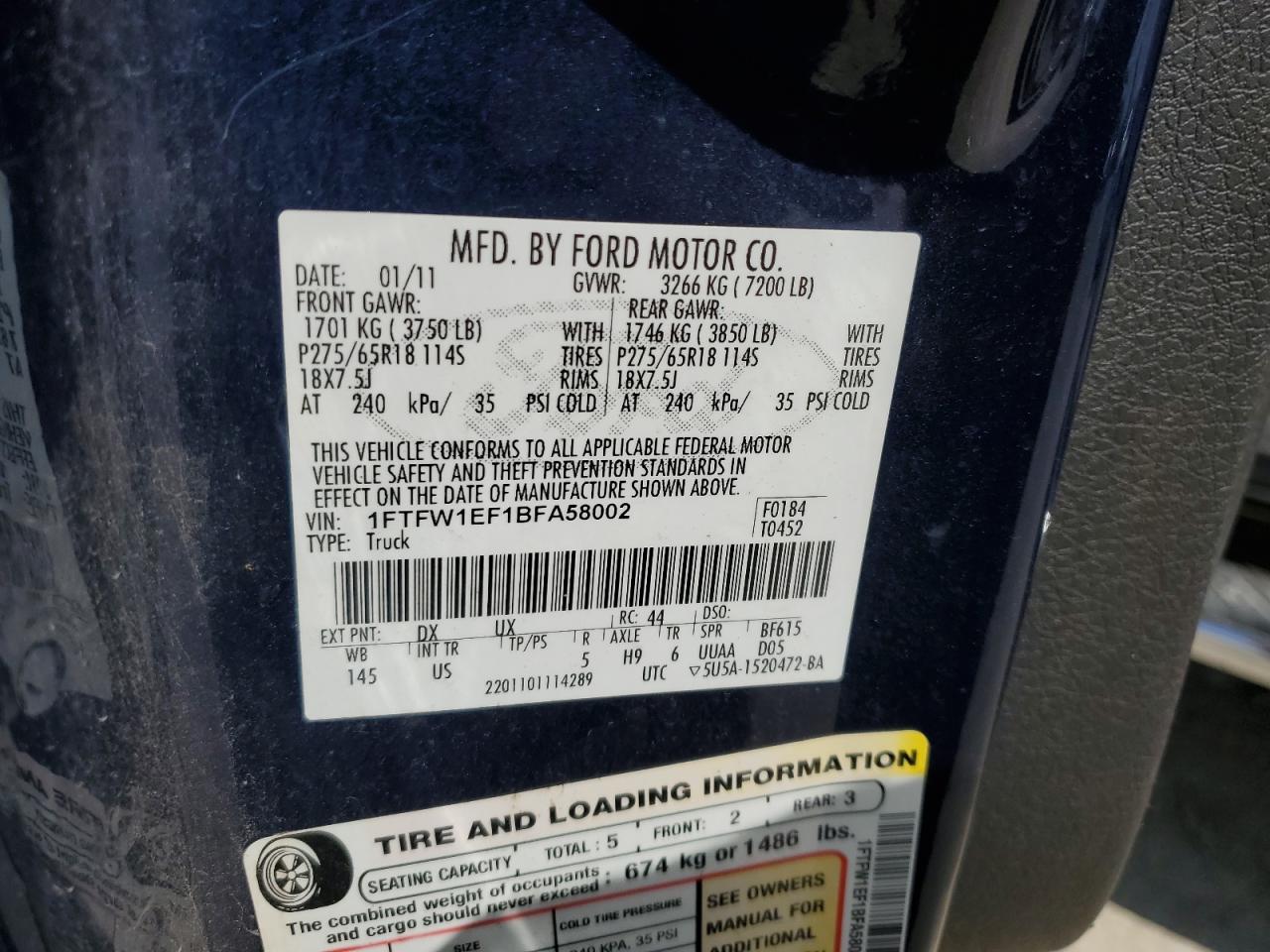 2011 Ford F150 Supercrew VIN: 1FTFW1EF1BFA58002 Lot: 70539765