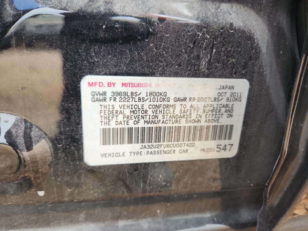 2012 Mitsubishi Lancer Es/Es Sport VIN: JA32U2FU6CU007422 Lot: 70923665