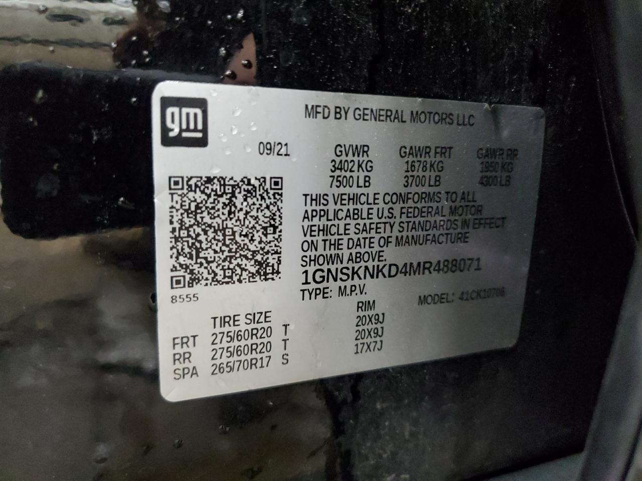 2021 Chevrolet Tahoe K1500 Lt VIN: 1GNSKNKD4MR488071 Lot: 69448805