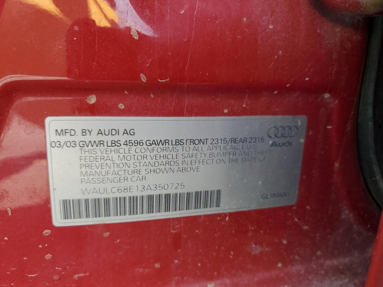 2003 Audi A4 1.8T Quattro VIN: WAULC68E13A350725 Lot: 84881695