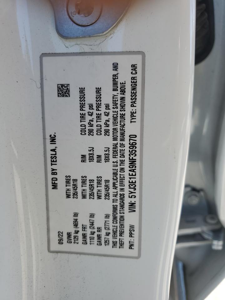 2022 Tesla Model 3 VIN: 5YJ3E1EA9NF359670 Lot: 69153585