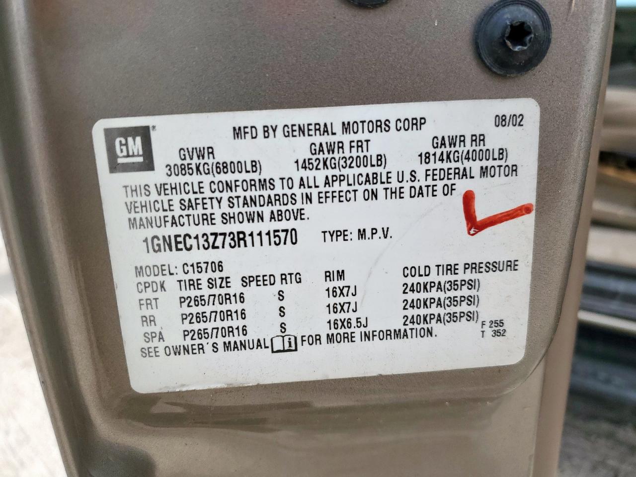 2003 Chevrolet Tahoe C1500 VIN: 1GNEC13Z73R111570 Lot: 67689185