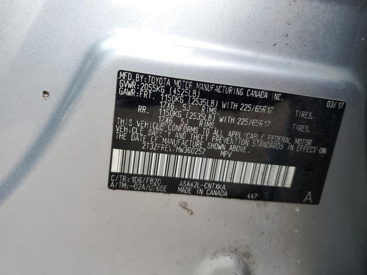 2017 Toyota Rav4 Le VIN: 2T3ZFREV7HW360257 Lot: 67989445