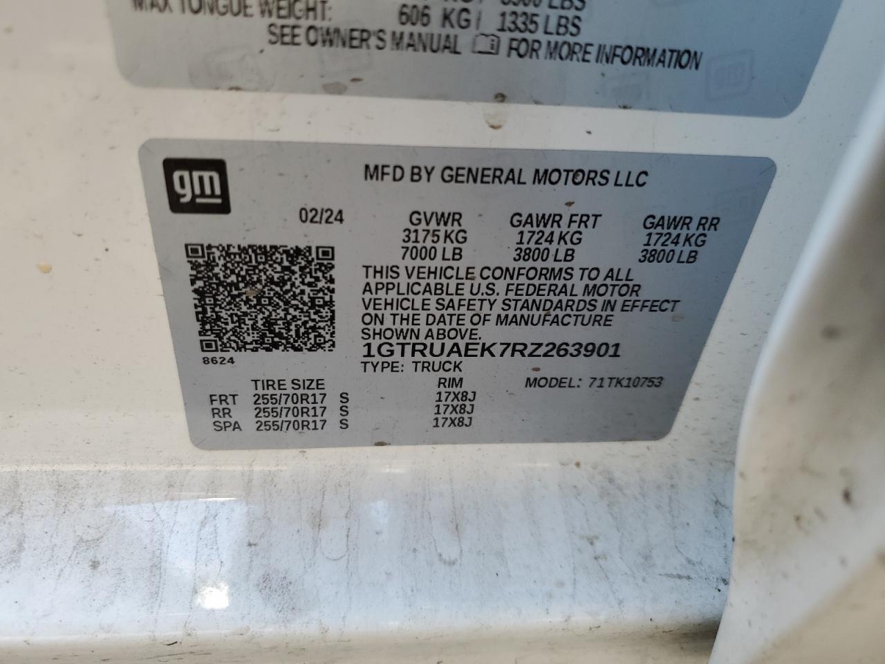 2024 GMC Sierra K1500 VIN: 1GTRUAEK7RZ263901 Lot: 69997895