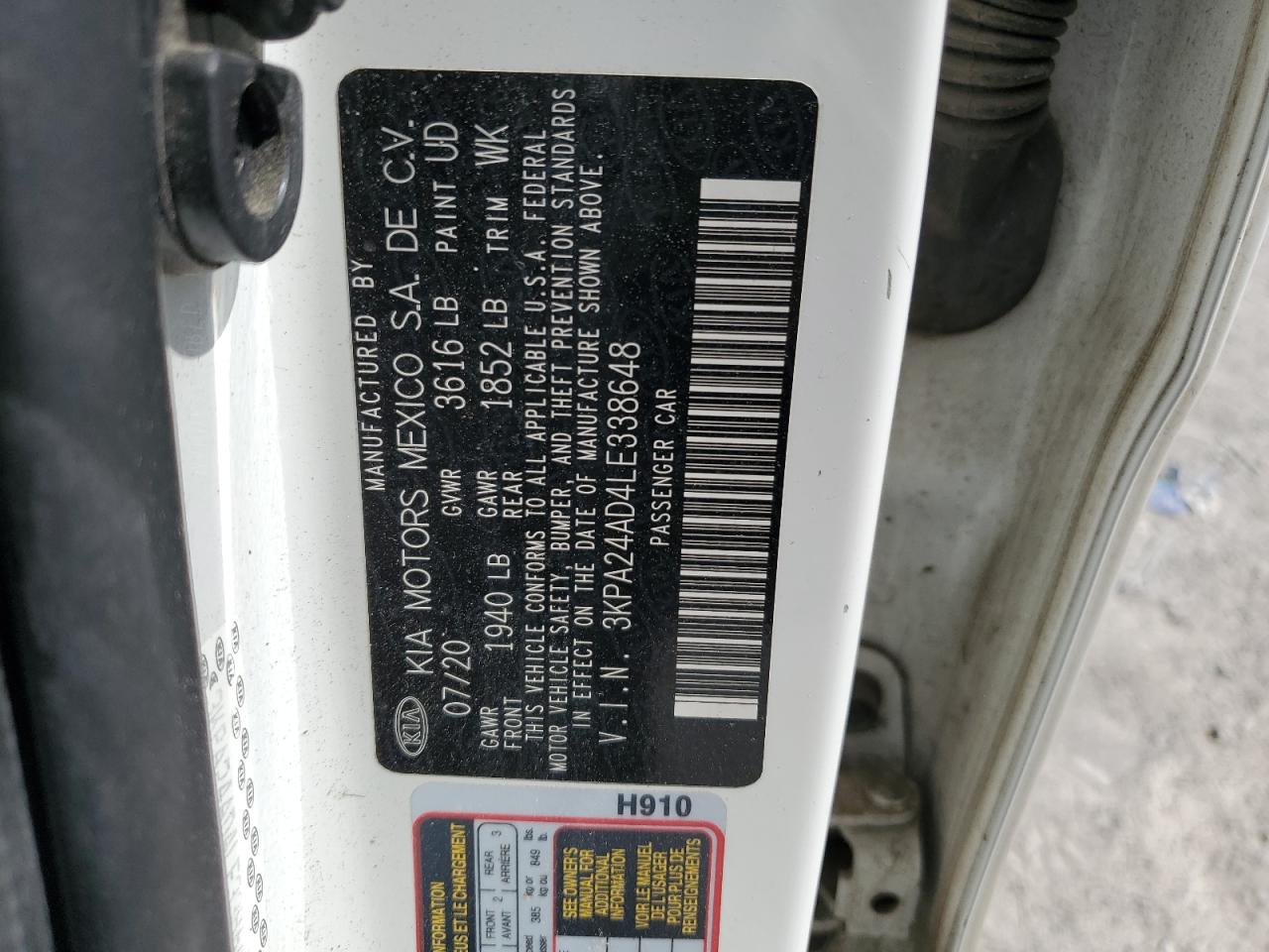 2020 Kia Rio Lx VIN: 3KPA24AD4LE338648 Lot: 70577115