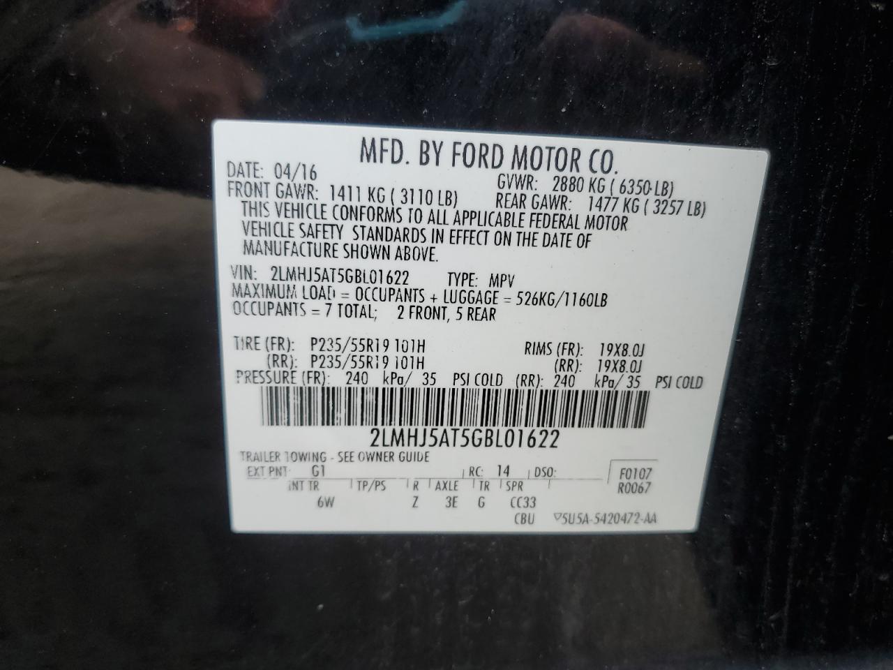 2016 Lincoln Mkt VIN: 2LMHJ5AT5GBL01622 Lot: 70997905