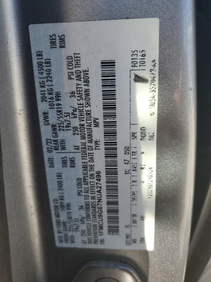 2022 Ford Escape Se VIN: 1FMCU9G67NUA27496 Lot: 70256765