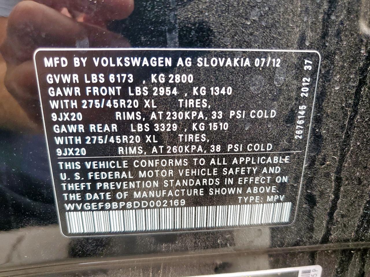 2013 Volkswagen Touareg V6 VIN: WVGEF9BP8DD002169 Lot: 67396915