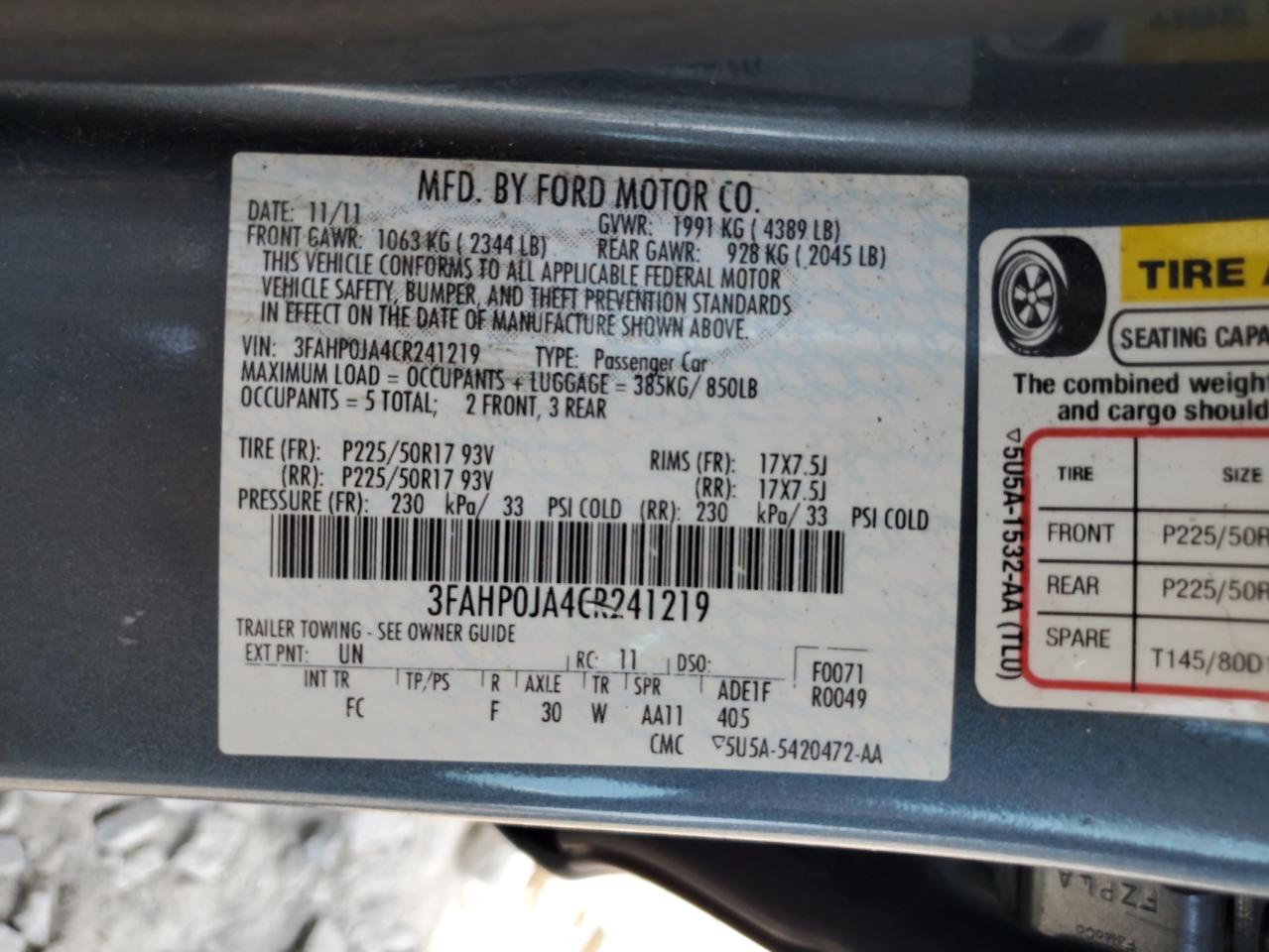 2012 Ford Fusion Sel VIN: 3FAHP0JA4CR241219 Lot: 68378545