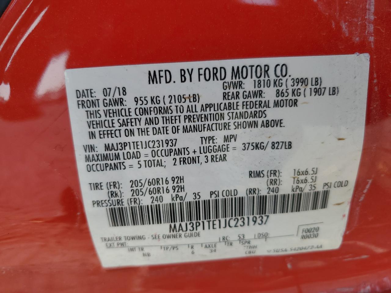 2018 Ford Ecosport Se VIN: MAJ3P1TE1JC231937 Lot: 69249105