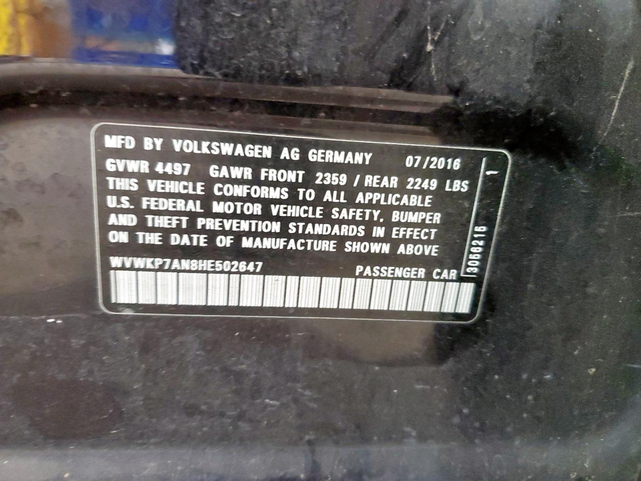 2017 Volkswagen Cc Sport VIN: WVWKP7AN8HE502647 Lot: 69555525