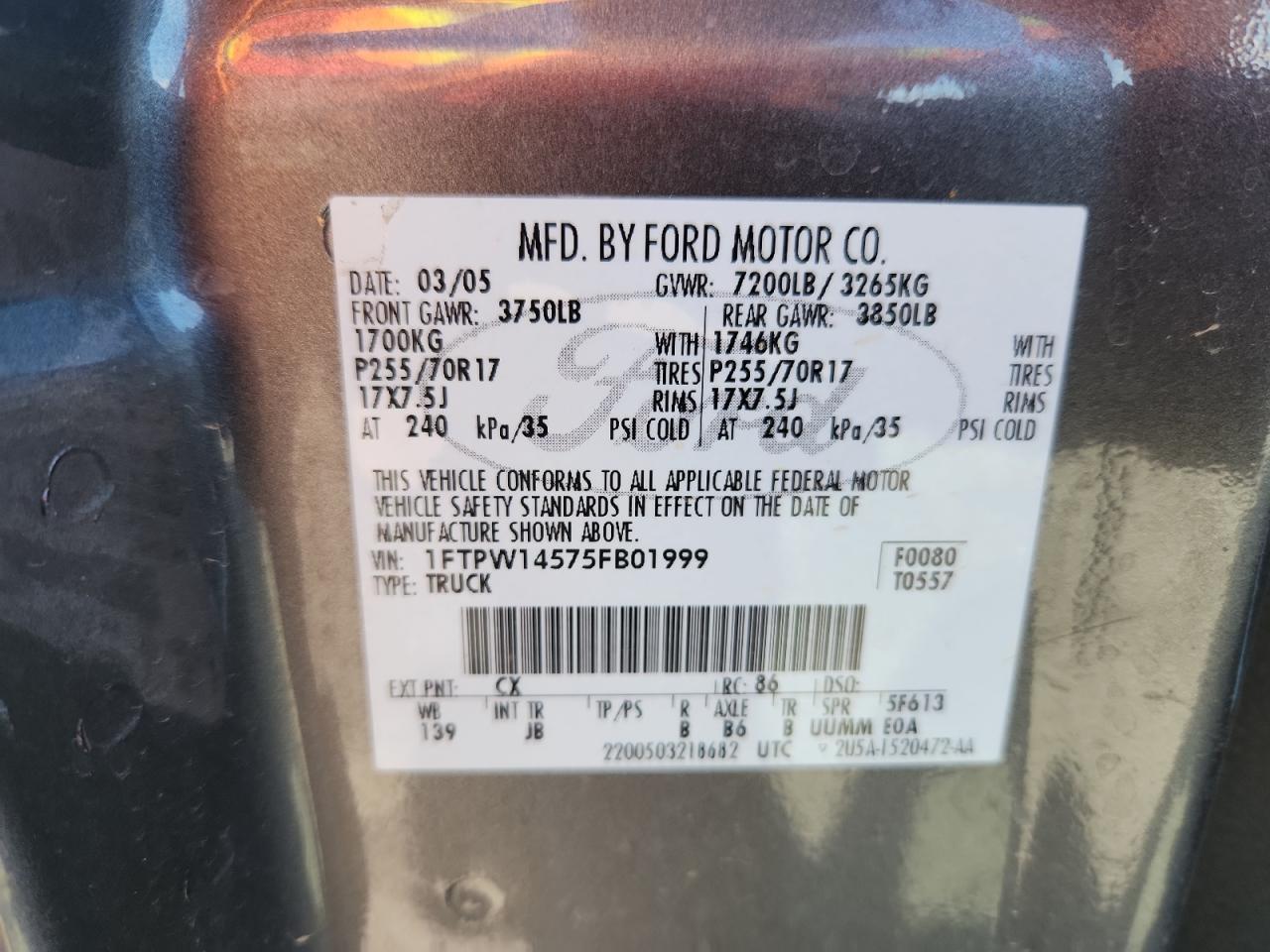 2005 Ford F150 Supercrew VIN: 1FTPW14575FB01999 Lot: 69132915