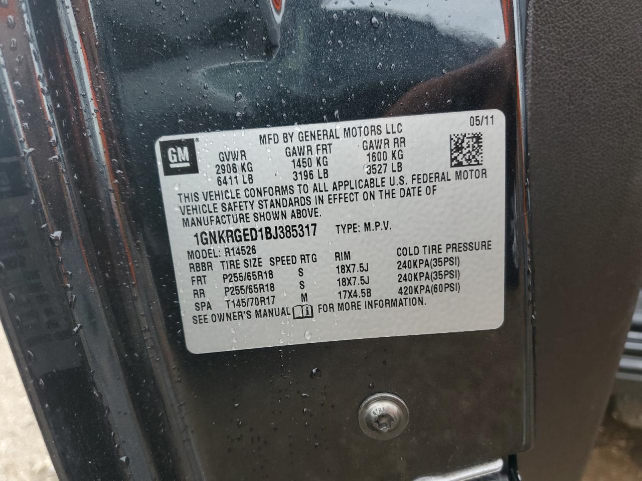 2011 Chevrolet Traverse Lt VIN: 1GNKRGED1BJ385317 Lot: 70191985