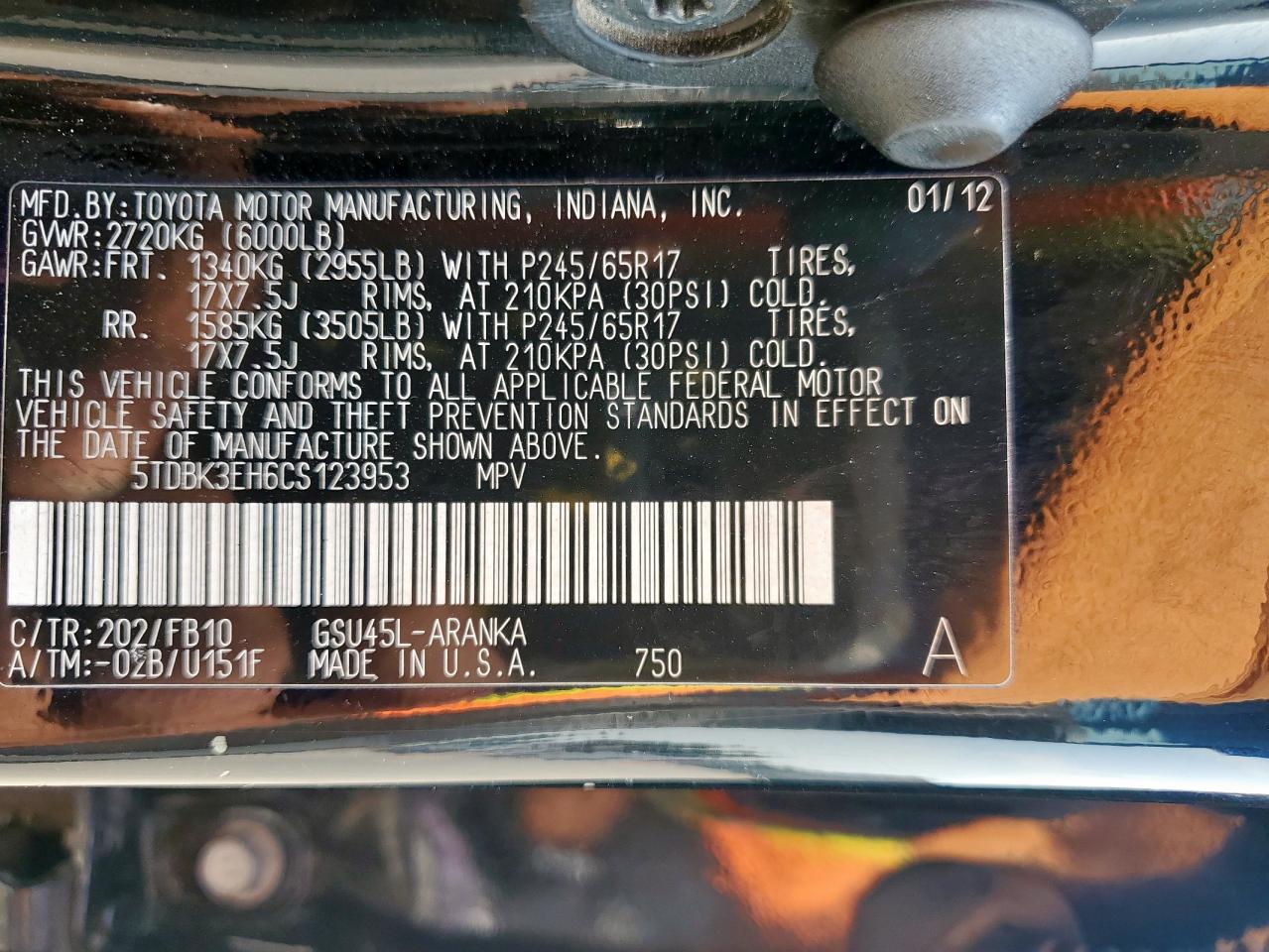 2012 Toyota Highlander Base VIN: 5TDBK3EH6CS123953 Lot: 70424195