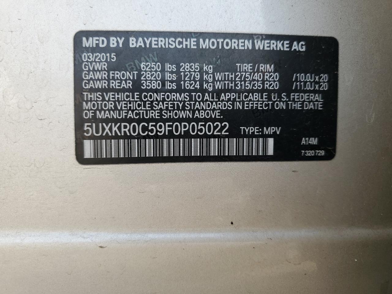 2015 BMW X5 xDrive35I VIN: 5UXKR0C59F0P05022 Lot: 68638485